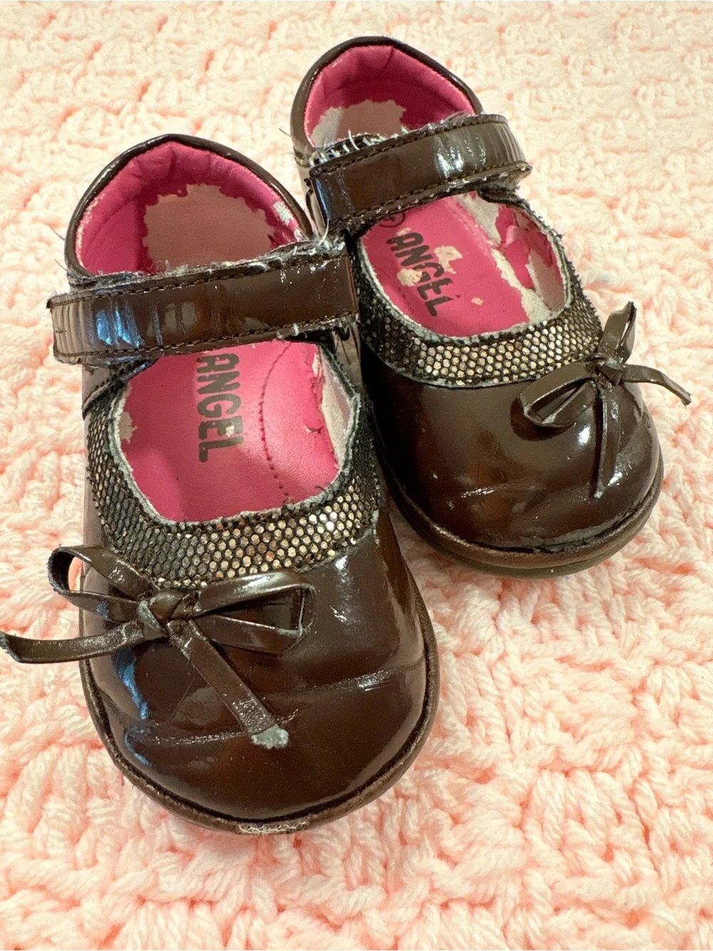 Angel Girls Patent Mary Jane Dress Shoes in Dark Brown with Pink Lining